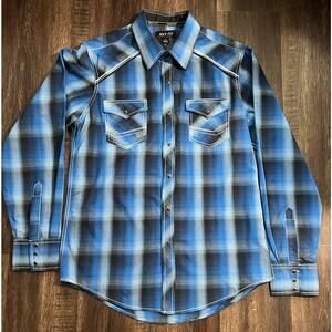 Ely 1878 Men's Western Style Shirt Blue/Black Plaid with Snaps Size L